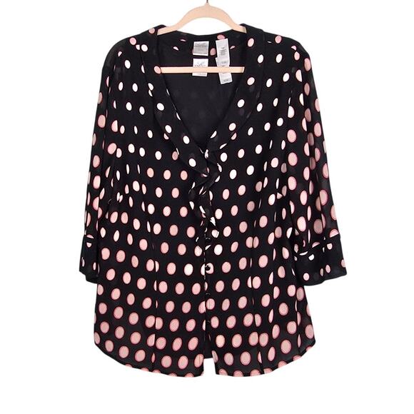 EMMA JAMES Womens 18W Black Pink Polka Dot Button-Up‎ Blouse Top w/ Tank Ruffle - Picture 1 of 7